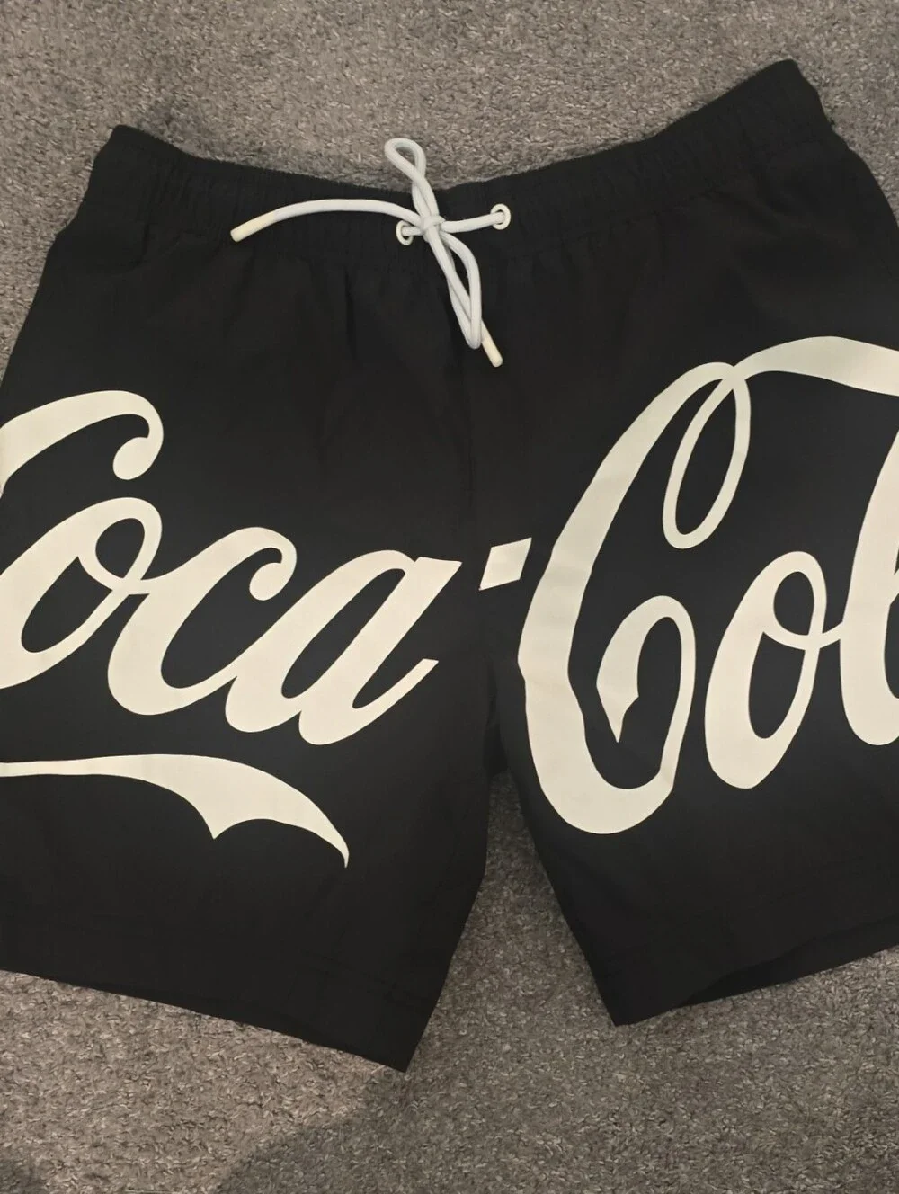 Pacsun Coca Cola Black Swim Trunks with White Script Logo